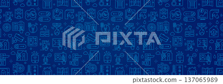 Banner and Background Smart Home Linear Seamless Pattern with Automation and Security, House Icons, Outline Technology Background in a Vector Design 137065989