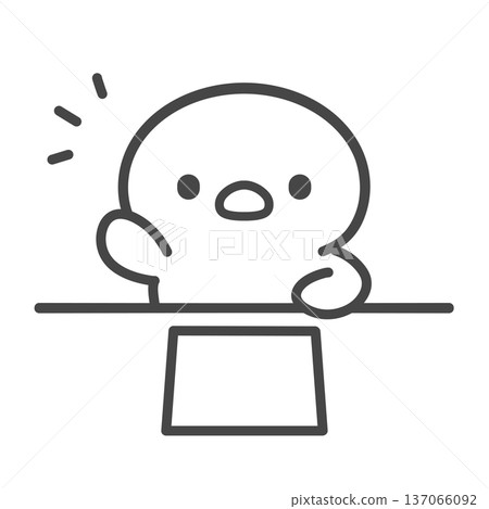 Hand-drawn line drawing of a chick raising its hand on a desk, prints, and documents 137066092