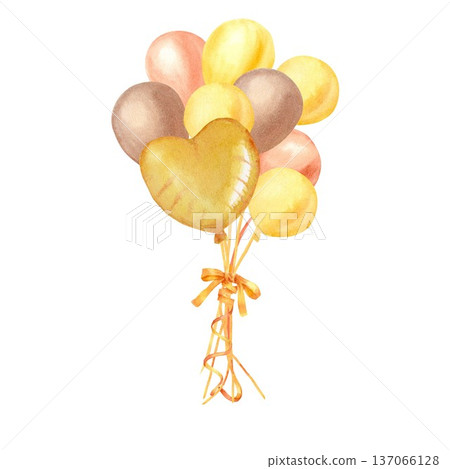 A hand-drawn watercolor bouquet of yellow, orange, and brown balloons and a heart on an isolated background. A simple clip art gift or decoration for a party, date, birthday, or anniversary A hand-drawn watercolor bouquet of yellow, orange, and brown balloons and a heart on an isolated background. A simple clip art gift or decoration for a party, date, birthday, or anniversary 137066128