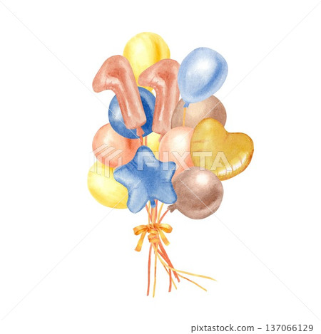 A bouquet of yellow, orange, brown, and blue balloons and the number eleven, hand-painted in watercolor on an isolated background. Clip art for a eleven-year or eleven-month baby shower 137066129