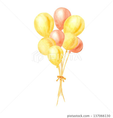 A hand-painted watercolor bouquet of yellow, orange, and brown balloons on an isolated background. A simple clip art gift or decoration for a party, date, birthday, or anniversary. A hand-painted watercolor bouquet of yellow, orange, and brown balloons on an isolated background. A simple clip art gift or decoration for a party, date, birthday, or anniversary. 137066130