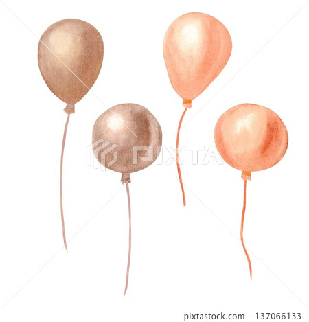 A collection of orange and brown balloons, hand-painted in watercolor, on an isolated background. A simple clip art gift or decoration for a party, date, reunion, birthday, or anniversary. 137066133