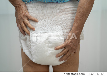Asian senior woman patient wearing incontinence diaper. 137066165
