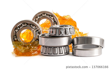 Ball bearing stainless with grease lithium machinery lubrication for automotive and industrial isolated on white background. Ball bearing stainless with grease lithium machinery lubrication for automotive and industrial isolated on white background. 137066166