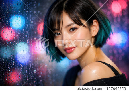 Portrait Of Asian Woman By Rainy Window At Night 137066253