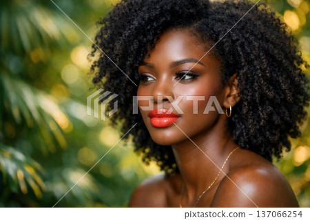 Beautiful Black Woman With Red Lipstick In Nature 137066254