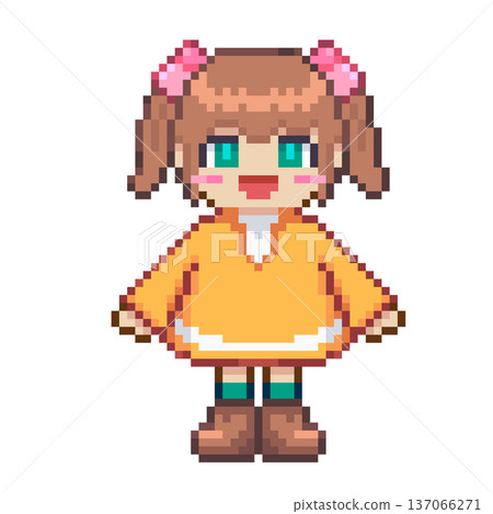 一個微笑的女孩，穿著像素化的黃色連身裙，背景透明。 137066271
