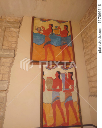 Minoan Fresco Paintings Inside Knossos Palace Crete Greece 137066348
