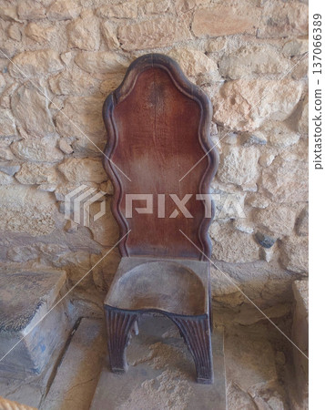 Ancient Throne Chair Inside Knossos Palace Stone Room in Crete Greece 137066389