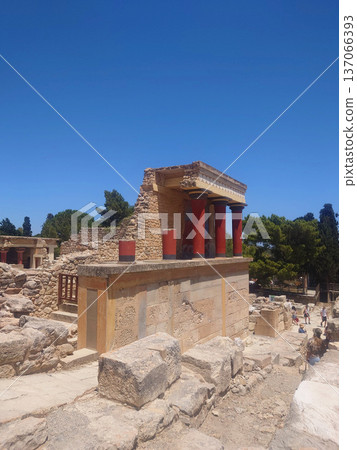 North Entrance of Knossos Palace with Red Columns in Crete Greece 137066393