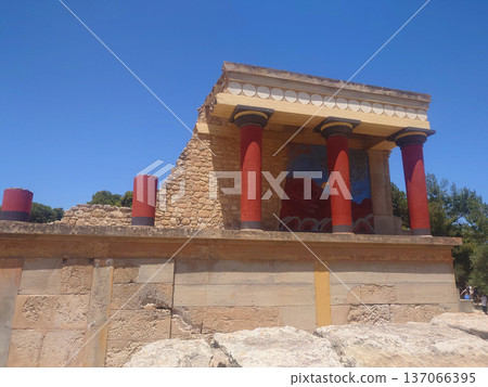 North Entrance of Knossos Palace with Red Columns in Crete Greece 137066395
