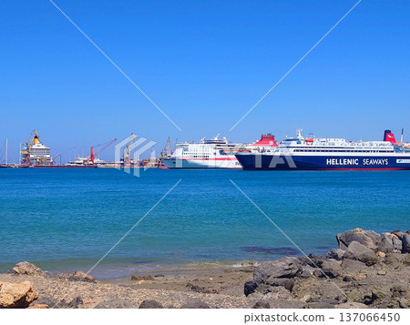 Harbor With Ferries And Blue Mediterranean Sea in Heraklion Crete, Greece 137066450