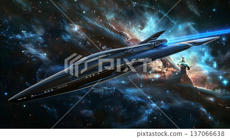 Futuristic spaceship and blue ion engines crossing a nebula Futuristic spaceship and blue ion engines crossing a nebula 137066638
