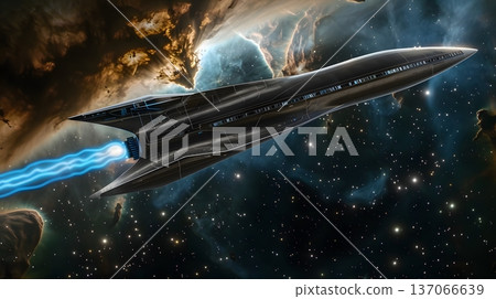 Futuristic spaceship and blue ion engines crossing a nebula Futuristic spaceship and blue ion engines crossing a nebula 137066639