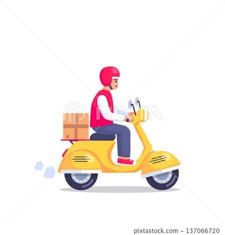 Fast Delivery Courier Riding Scooter with Package Box Flat Vector Illustration 137066720