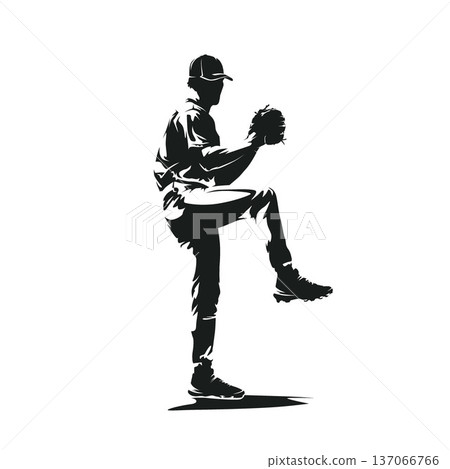 Baseball player, pitcher throws ball, isolated vector silhouette. Team sport athlete. High contrast logo Baseball player, pitcher throws ball, isolated vector silhouette. Team sport athlete. High contrast logo 137066766