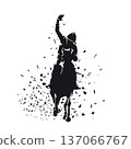 High contrast vector illustration of a female jockey riding a racehorse, front view, raising her arm in a victory gesture. Isolated dynamic scene symbolizing horse racing success, competition, and 137066767