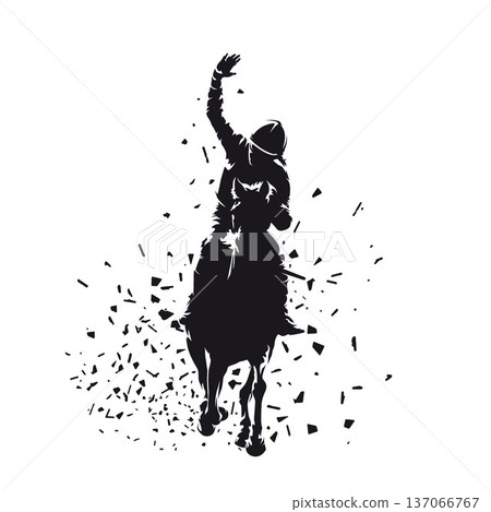 High contrast vector illustration of a female jockey riding a racehorse, front view, raising her arm in a victory gesture. Isolated dynamic scene symbolizing horse racing success, competition, and 137066767