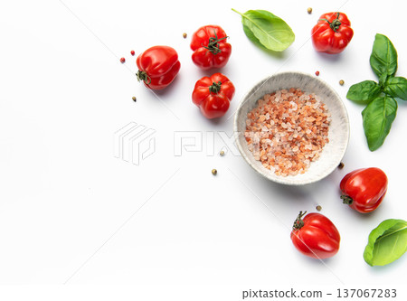 Fresh tomatoes basil and himalayan pink salt preparing ingredients Fresh tomatoes basil and himalayan pink salt preparing ingredients 137067283