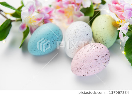 Pastel speckled eggs with spring blossoms celebrating easter holiday Pastel speckled eggs with spring blossoms celebrating easter holiday 137067284