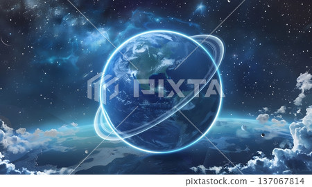 一顆形狀像地球、有光環的藍色行星 137067814