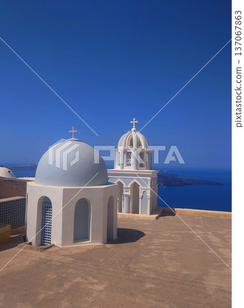 Santorini Church Landscape View in Greece 137067863