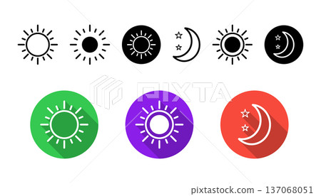 Flat Sun and Moon Icons Set With Long Shadow, Day and Night Weather Symbols, Vector Circle Buttons 137068051