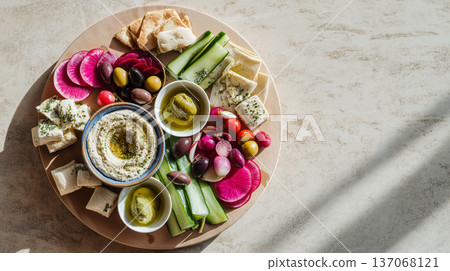 Overhead View of Middle Eastern Mezze Platter 137068121