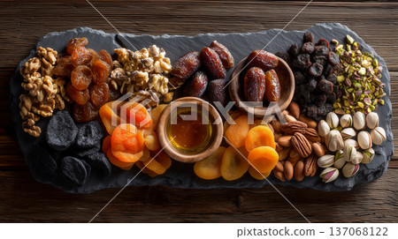 Mediterranean Dried Fruit and Nut Platter with Honey 137068122