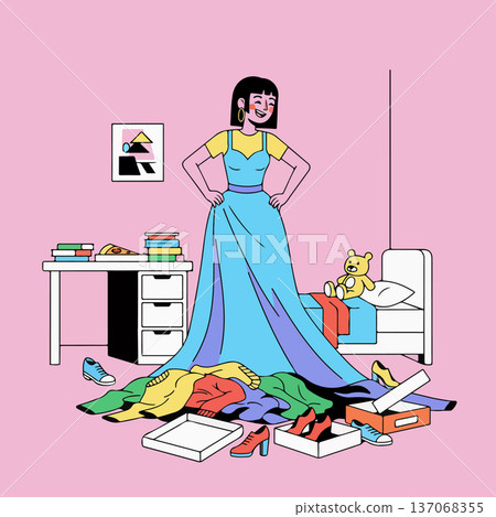 Woman in Dress Surrounded by Clothes Woman in Dress Surrounded by Clothes 137068355
