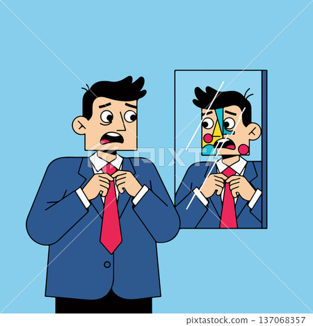 Anxious Man Adjusting Tie Before Broken Mirror 137068357