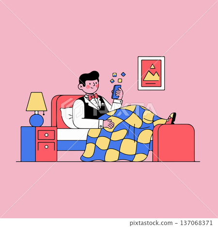 Man in Tuxedo Using Phone in Bed Man in Tuxedo Using Phone in Bed 137068371