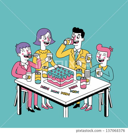 Friends Celebrating with Cake and Drinks 137068376