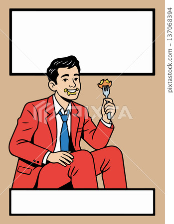 Man in Red Suit Eating with Food on His Face Man in Red Suit Eating with Food on His Face 137068394
