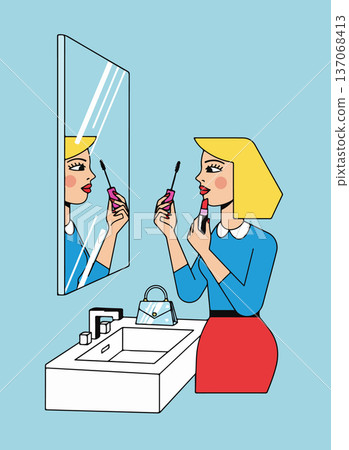 Woman Applying Makeup in the Mirror Woman Applying Makeup in the Mirror 137068413