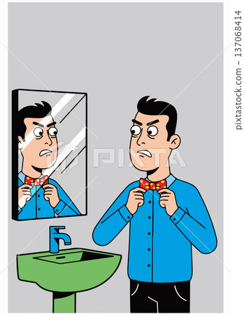 Man struggles with bow tie in mirror 137068414