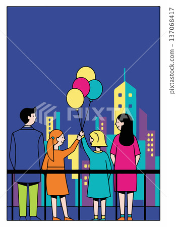 Family Gazing at City Skyline with Balloons Family Gazing at City Skyline with Balloons 137068417