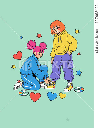Two friends in retro outfits Two friends in retro outfits 137068423