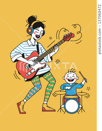 Girl playing guitar with boy on drums 137068472