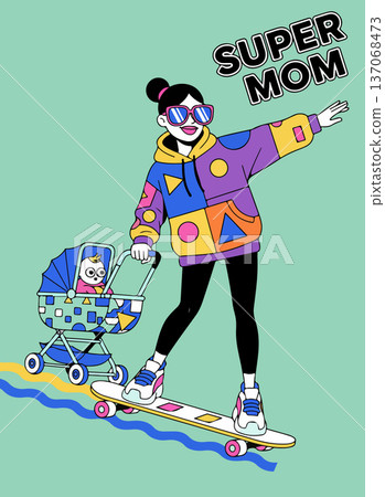 Super Mom on Skateboard with Baby Super Mom on Skateboard with Baby 137068473