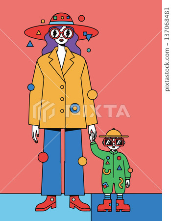 Stylized Illustration of Adult and Child Holding Hands 137068481