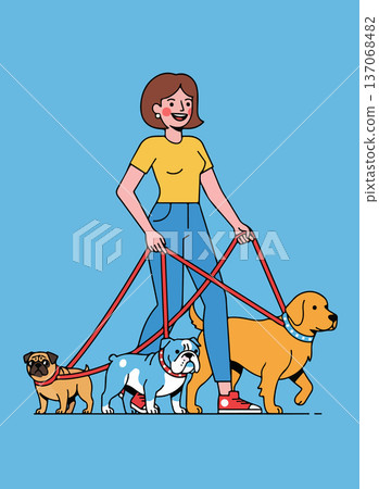 Woman walking three dogs 137068482