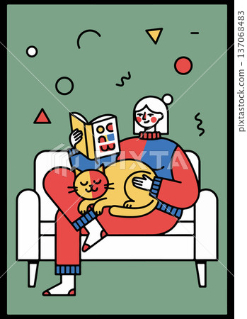 Woman reading with cat on couch Woman reading with cat on couch 137068483