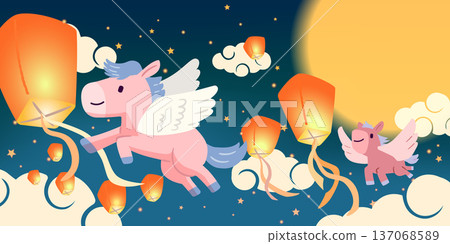 Cute pink pegasus with flying lanterns under full moon for Lantern Festival illustration. 137068589