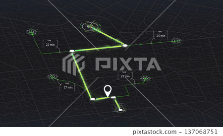 Isometric navigation screen with glowing green route and time markers on dark city background. Vector illustration. 137068751