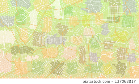 Colorful city map background featuring pastel districts and intricate white road network lines. Vector illustration. 137068817
