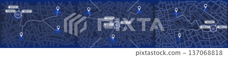 Set of blue night city maps displaying service ratings and dotted delivery routes with destination markers for mobile app screens. Vector illustration. Set of blue night city maps displaying service ratings and dotted delivery routes with destination markers for mobile app screens. Vector illustration. 137068818