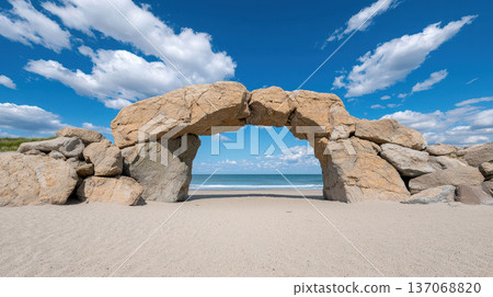 Stone arch sea sand sky cloud rock nature beach landscape travel Stone arch over sandy beach with blue sea and sky, peaceful coastal landscape 137068820