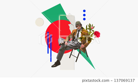 Creative composition. Retro businessman sitting on chair with bold geometric. 137069137