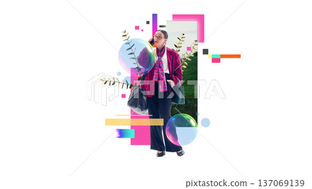 Vibrant mixed media. Business woman talking on phone with colorful elements. 137069139